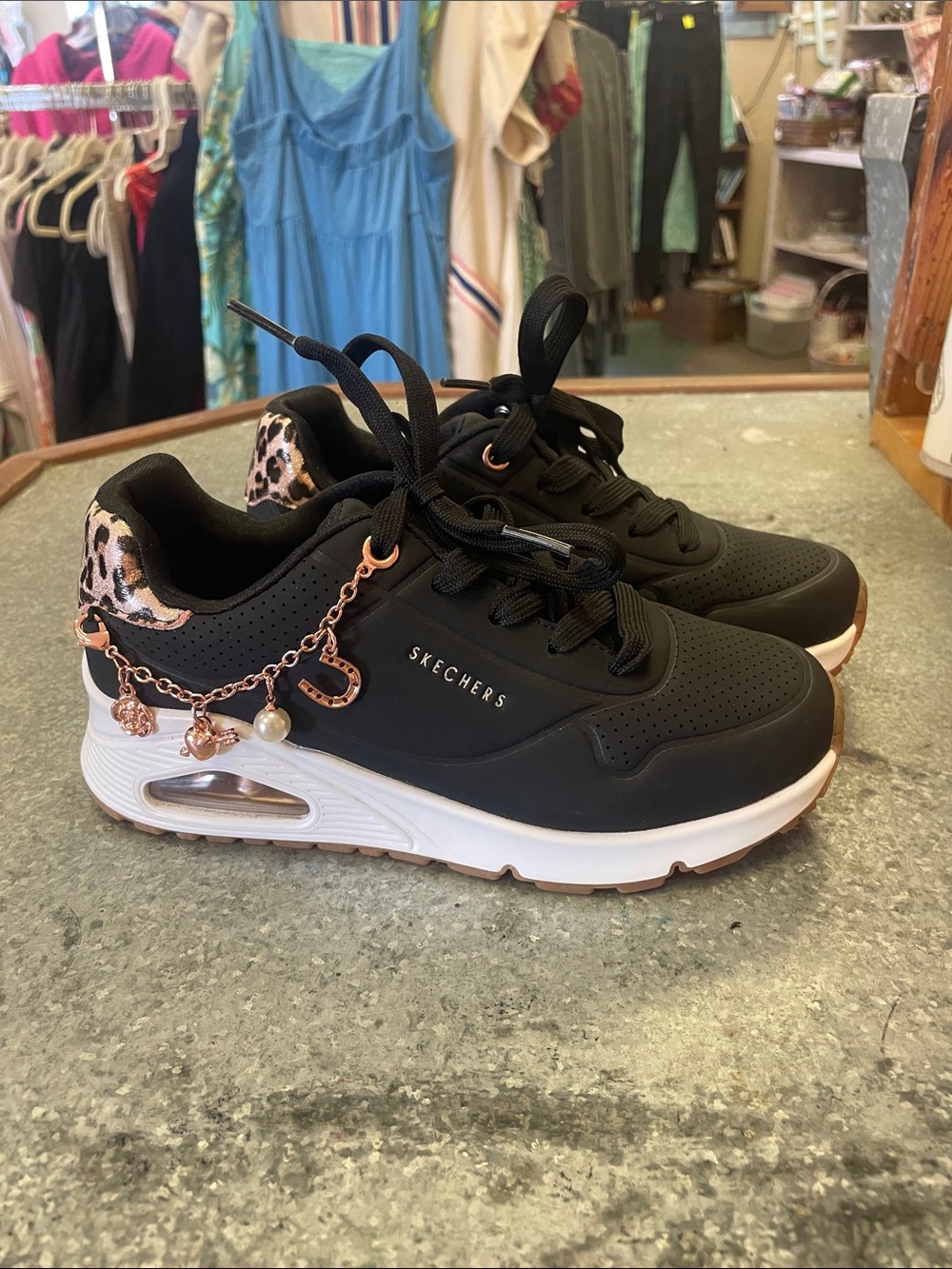 Skechers Black Platform Sneakers with Rose Gold Charm Chain & Leopard Trim